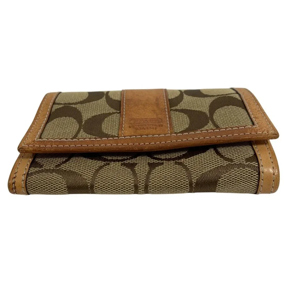 COACH Signature Logo Jacquard Bifold Wallet Tan Leather Trim + Zipper Pouch